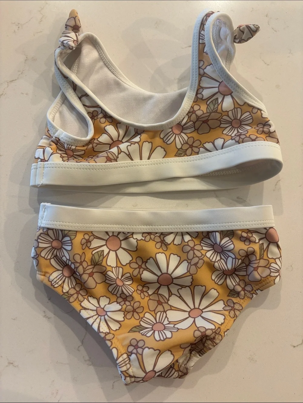 Girls' Yellow Floral Bikini Set with White Trim